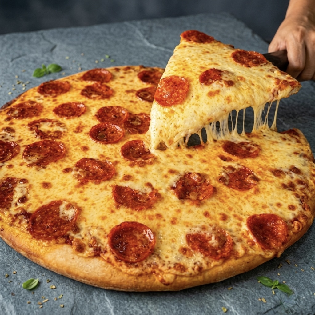 Pizza artesanal recién horneada con queso derretido — Pizza Express Santa Ana